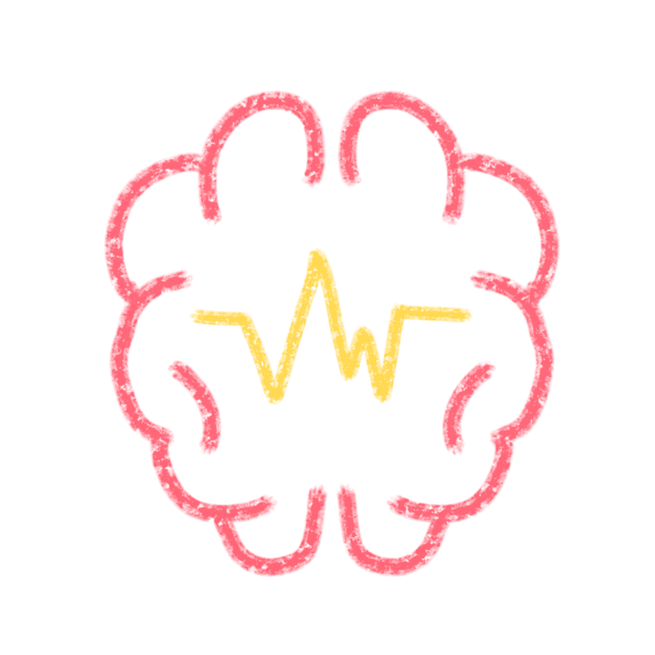 a stylized graphic of a brain outlined in pink with a yellow jagged line resembling a heart rate monitor or waveform in the center.